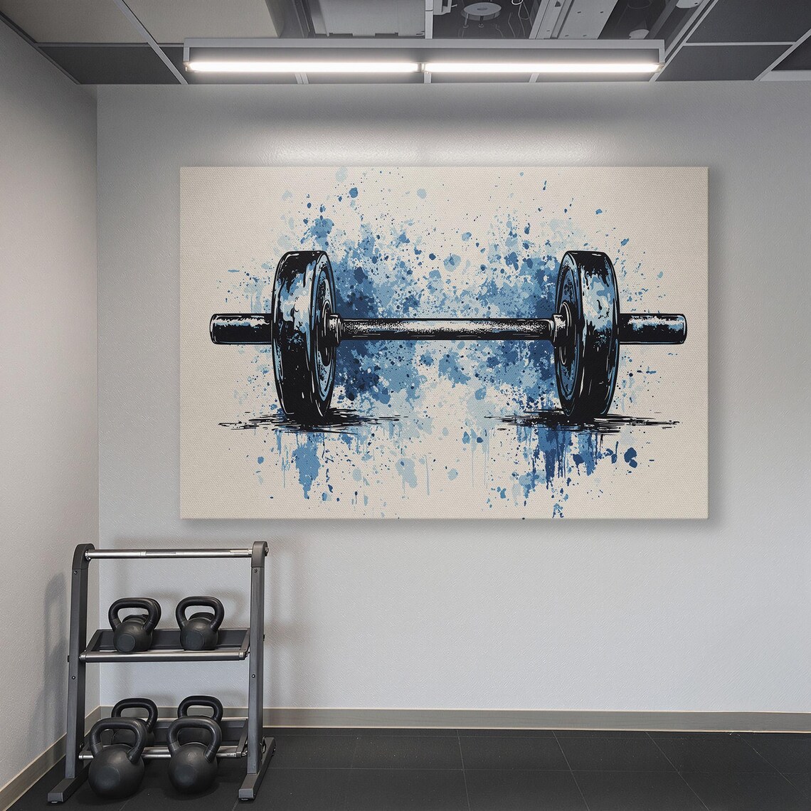 Ink Sketch Barbell with Blue Paint Splatter on Cream Sports Poster - Image 6