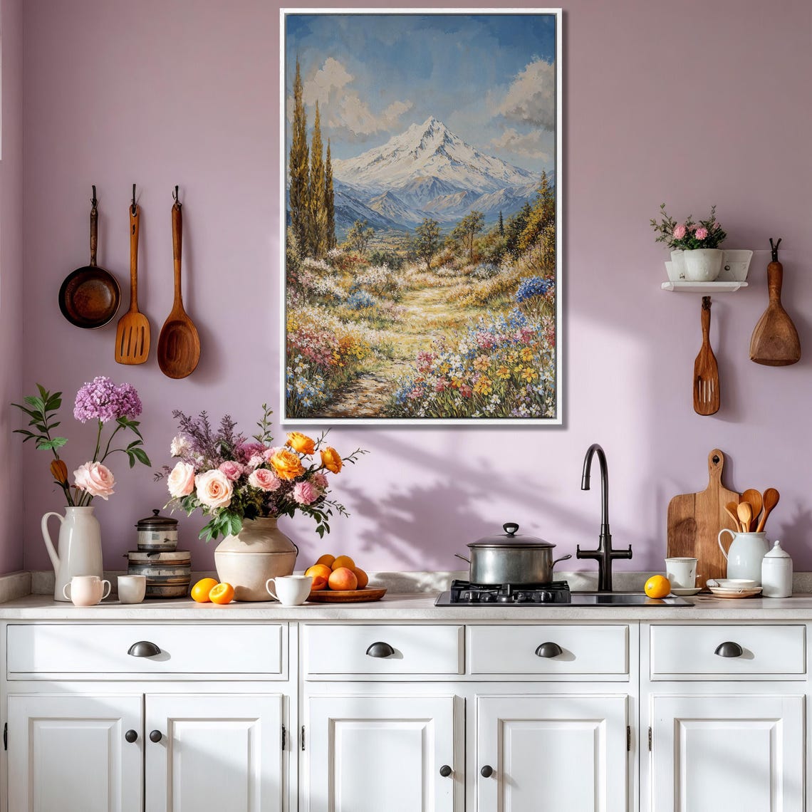 Snow Capped Mountain Path Through Colorful Wildflower Meadow Poster - Image 3