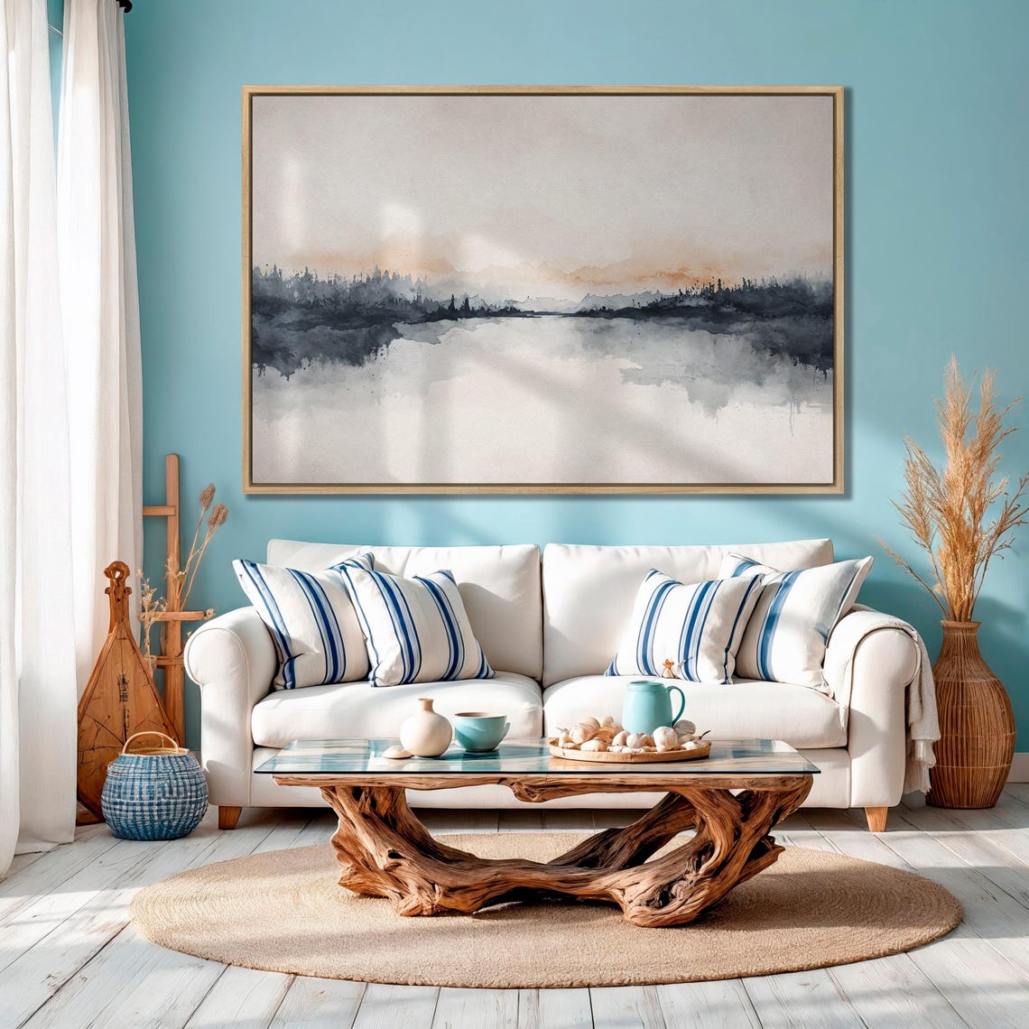 Misty Blue Lake Reflection Watercolor Abstract Landscape Poster - Image 4