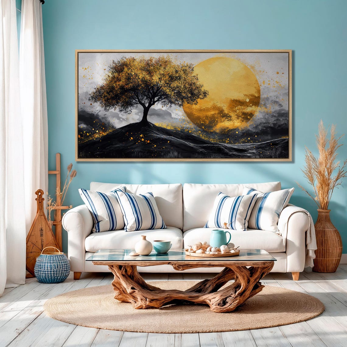 Lone Tree on Dark Hill with Giant Golden Sun Dramatic Art Poster - Image 2