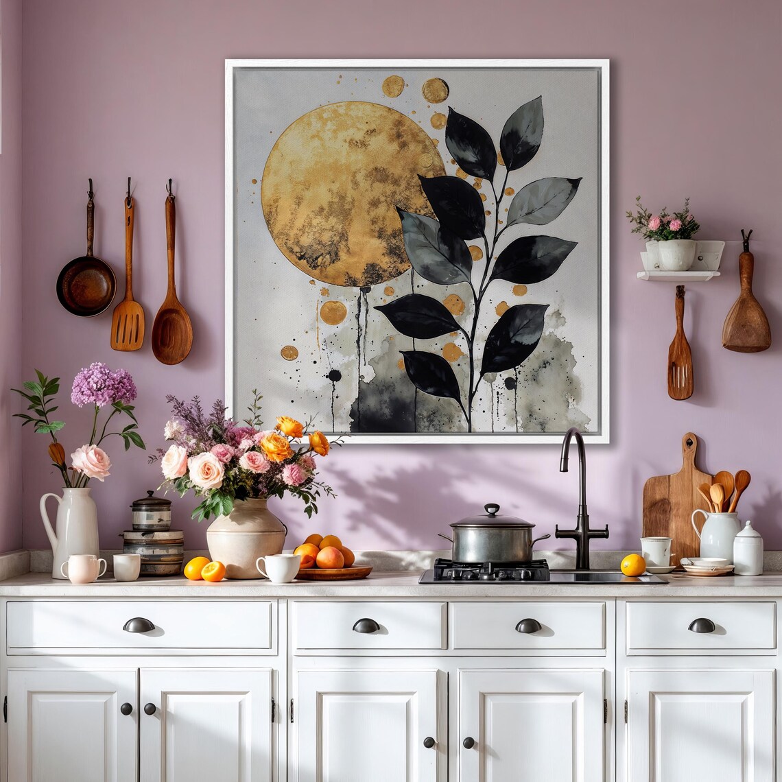 Gold Full Moon With Black Watercolor Leaves Botanical Poster - Image 6