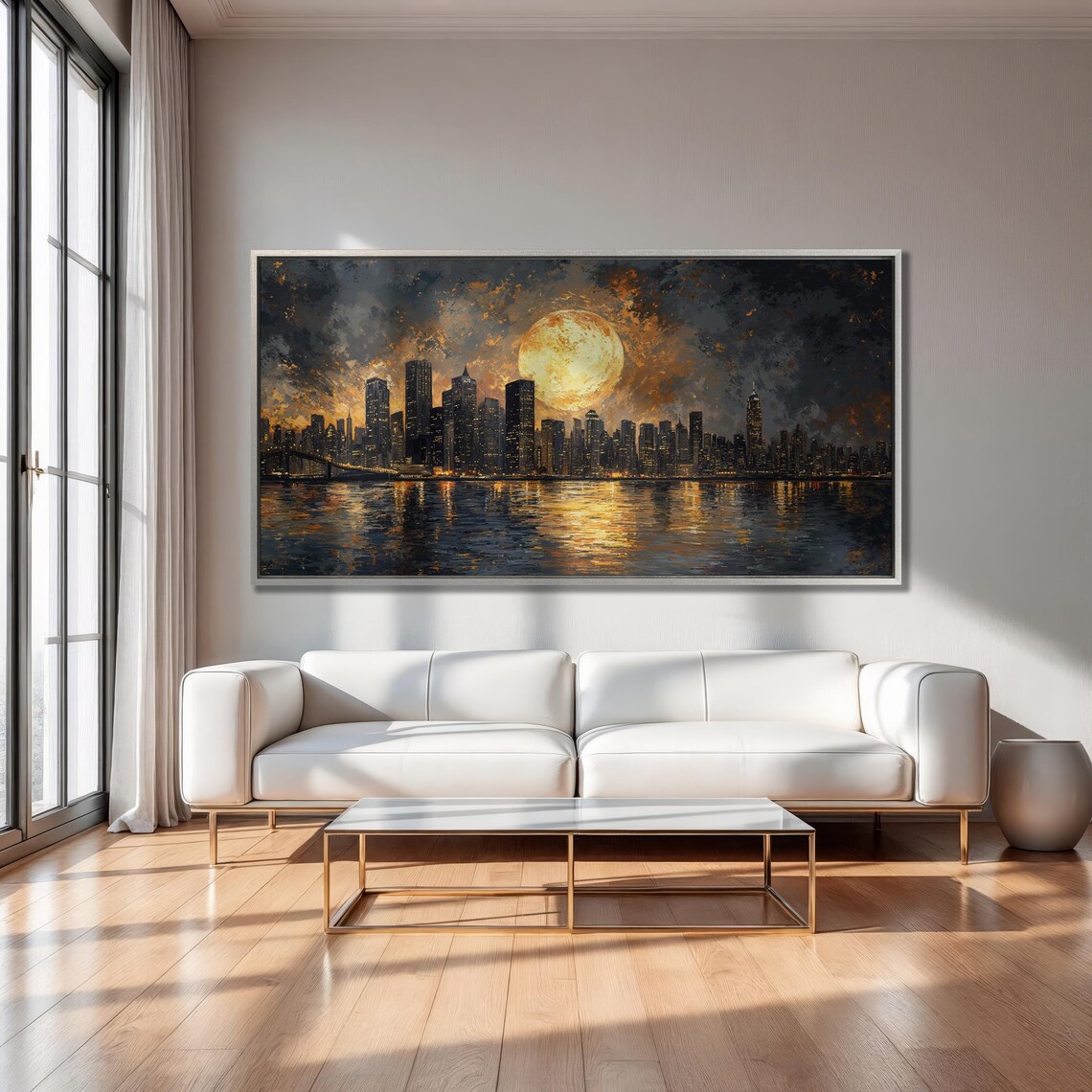 City Skyline With Full Moon Art Print, Urban Nightscape - Image 3