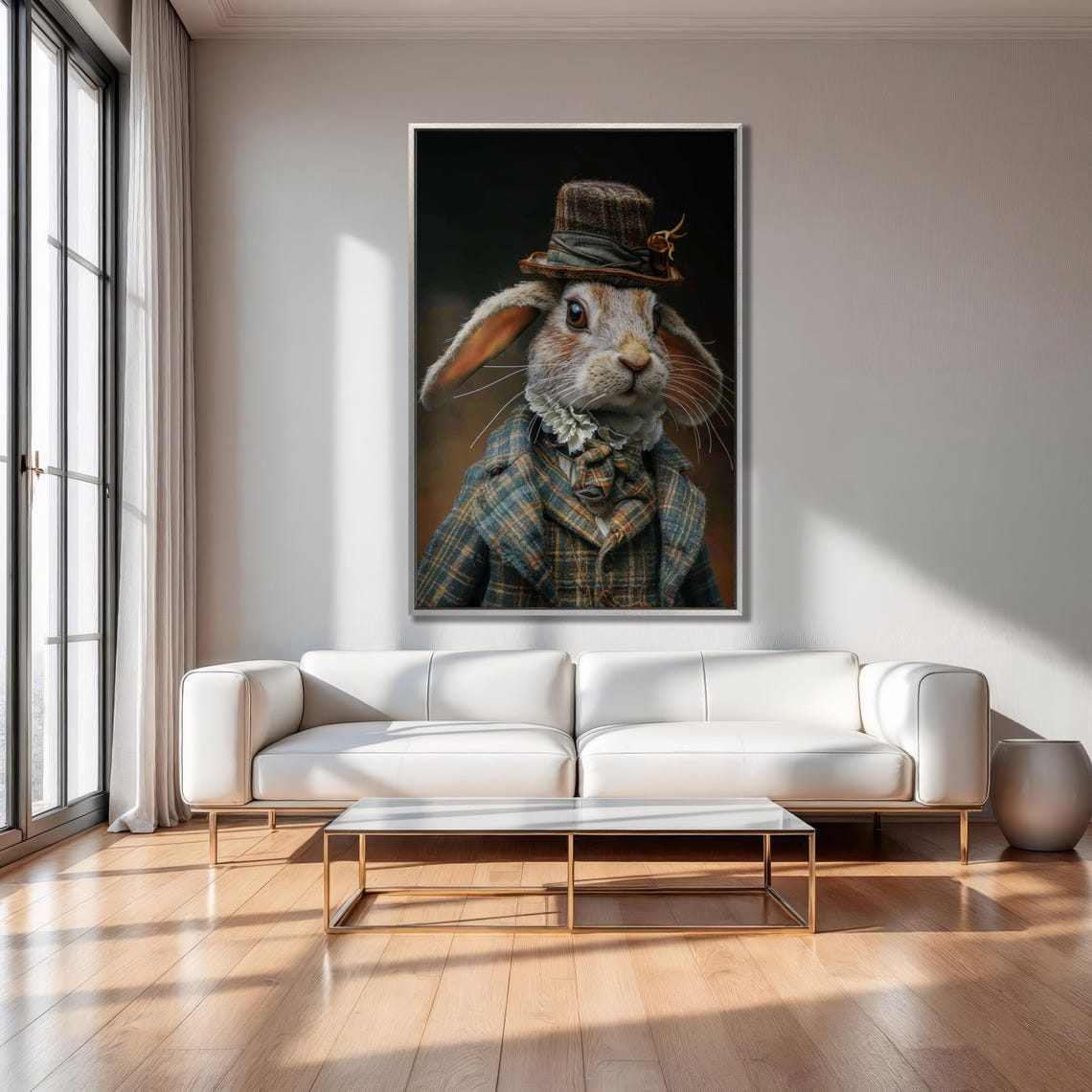 Dapper Gentleman Rabbit In Tweed Top Hat Vintage Portrait Wall Art - Image 3