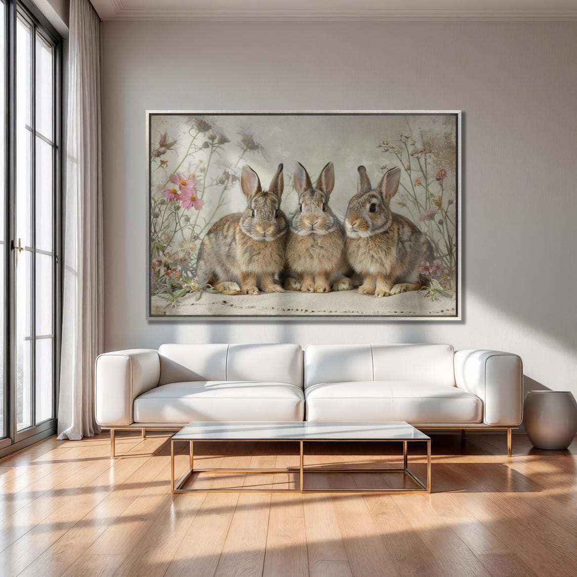 Three Fluffy Baby Bunnies Sitting Among Spring Wildflowers Poster - Image 2