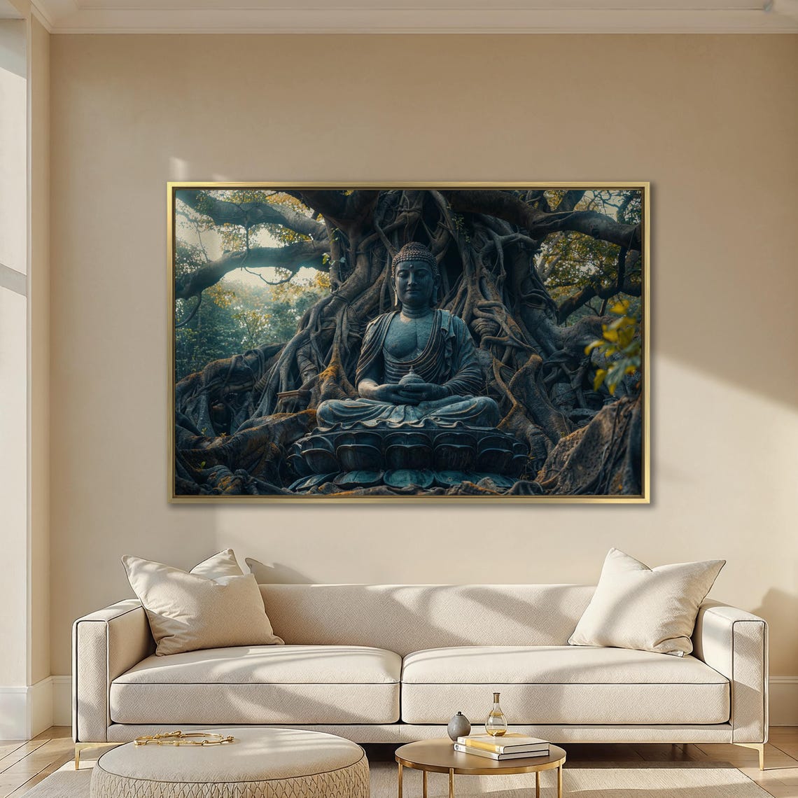 Buddha Statue Meditating Beneath Ancient Banyan Tree Roots Poster - Image 3