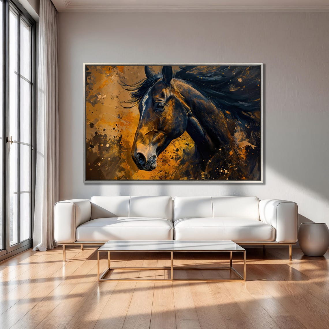 Dark Brown Horse Portrait Amber Paint Splash Rustic Wall Art - Image 2