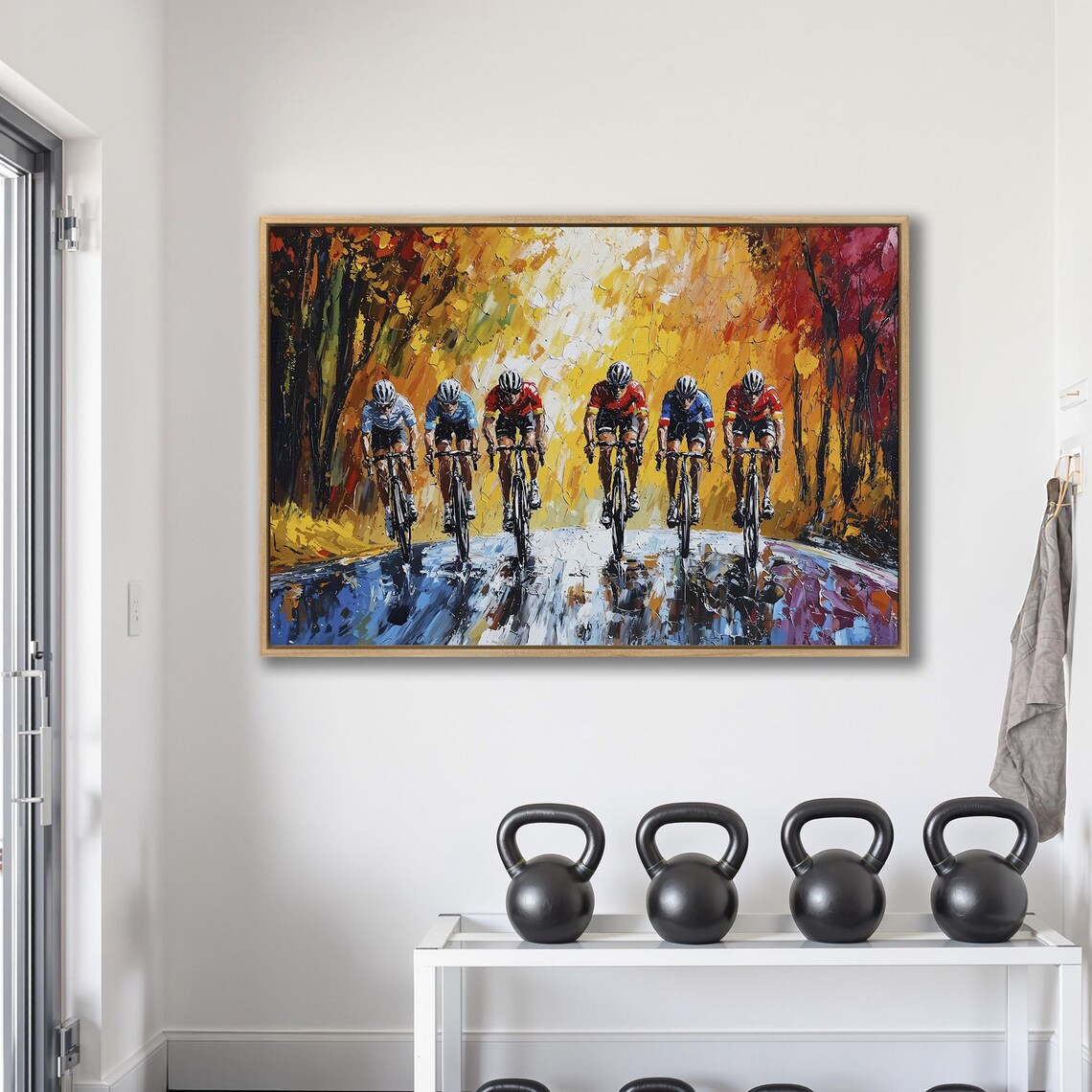Cyclists Racing on Wet Road Through Golden Autumn Impasto Poster - Image 2