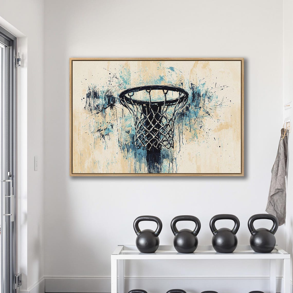 Graffiti Basketball Hoop With Teal Splatter On Warm Beige Print - Image 2