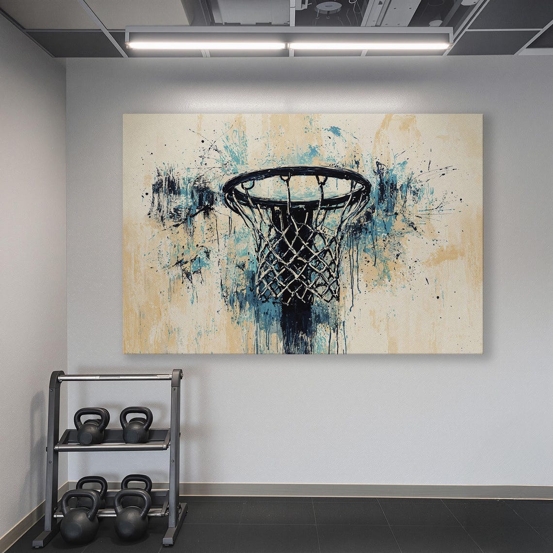 Graffiti Basketball Hoop With Teal Splatter On Warm Beige Print - Image 6