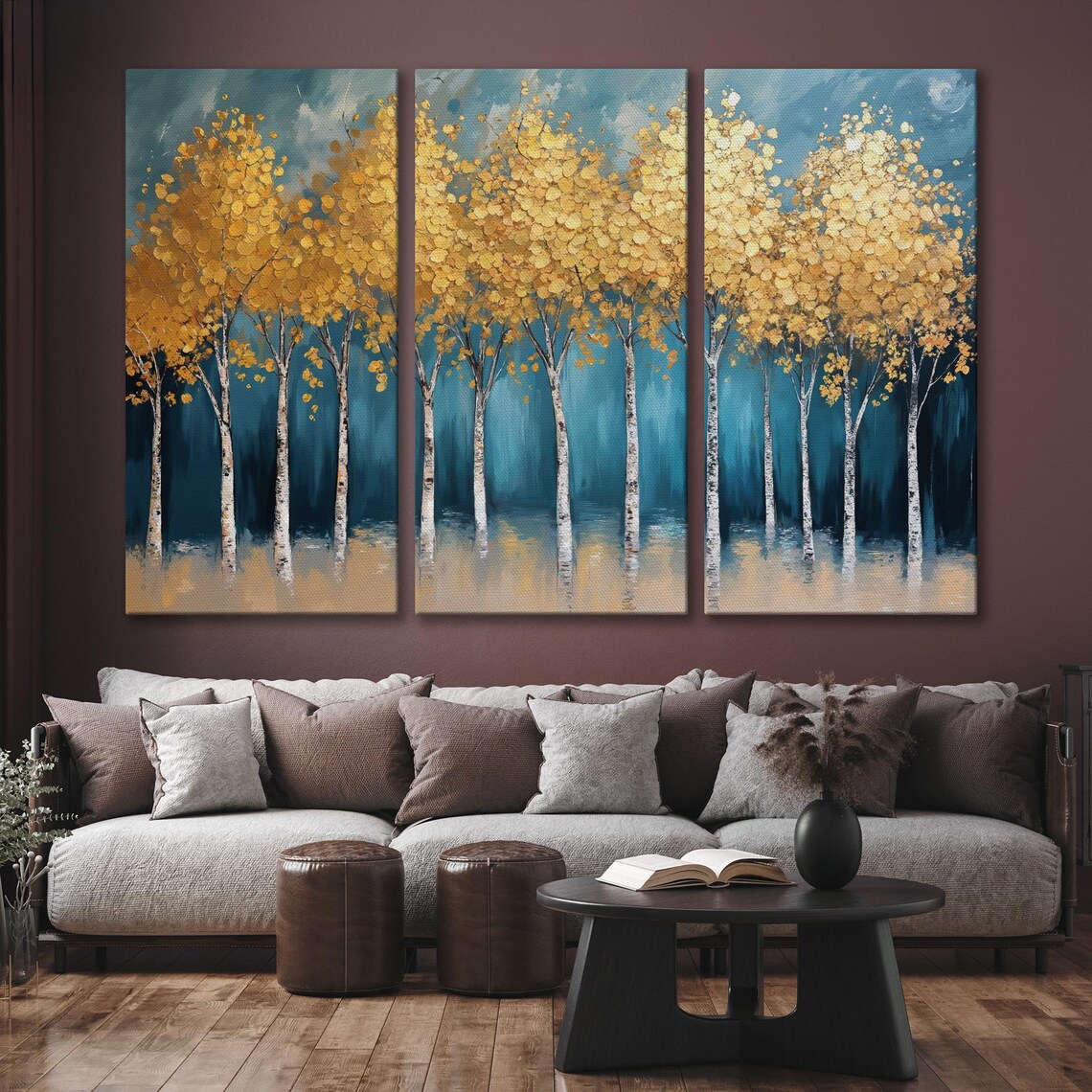 Golden Canopy Birch Trees by Teal Water Reflection Elegant Art Poster - Image 6