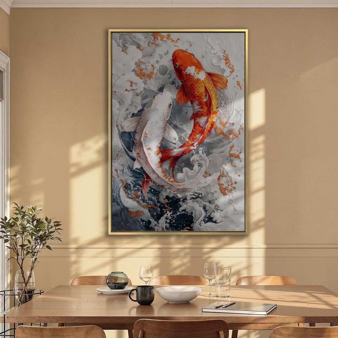 Orange and White Koi Fish Pair in Swirling Water Waves Art Poster - Image 5