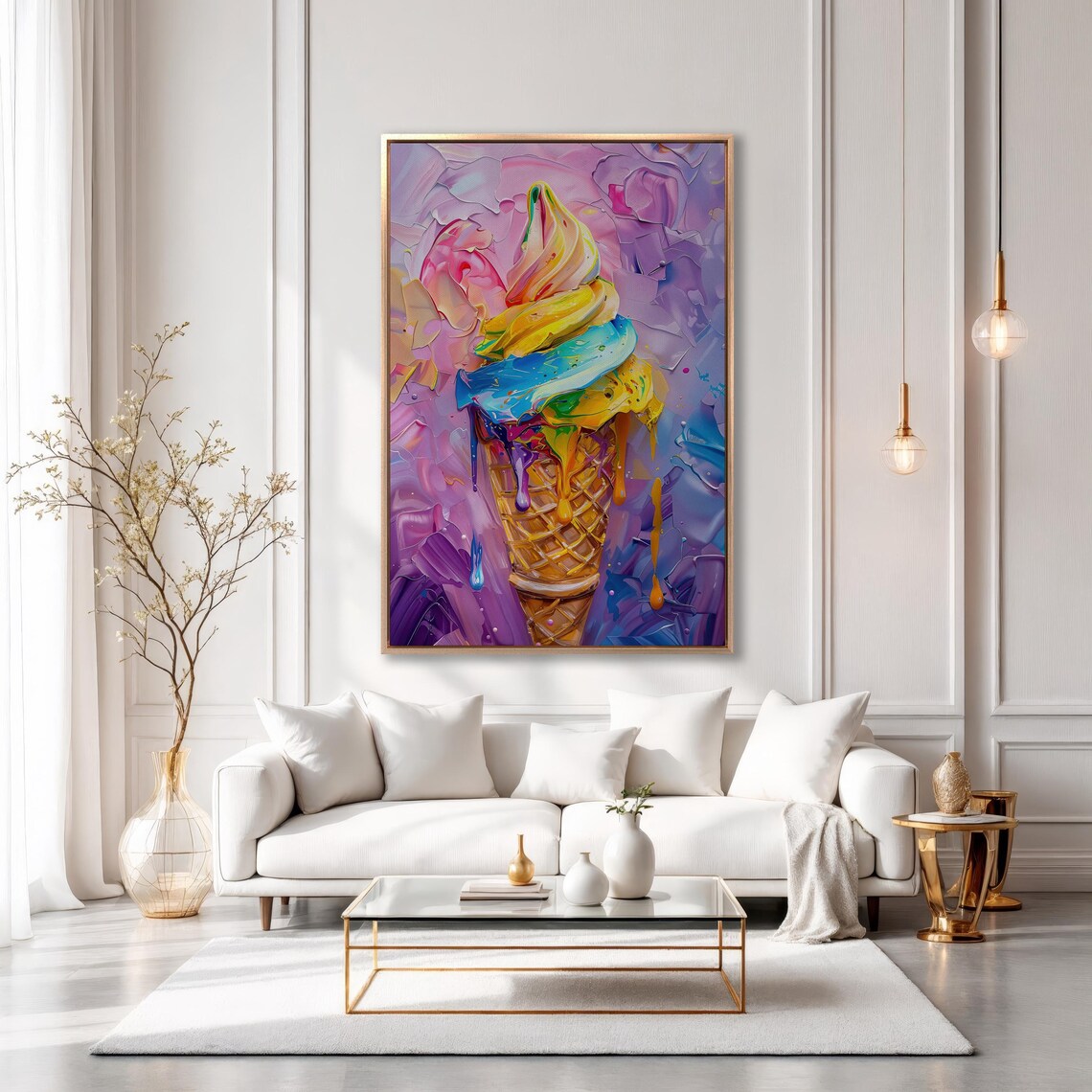 Rainbow Ice Cream Cone Impasto Oil Painting Dessert Art Poster - Image 4