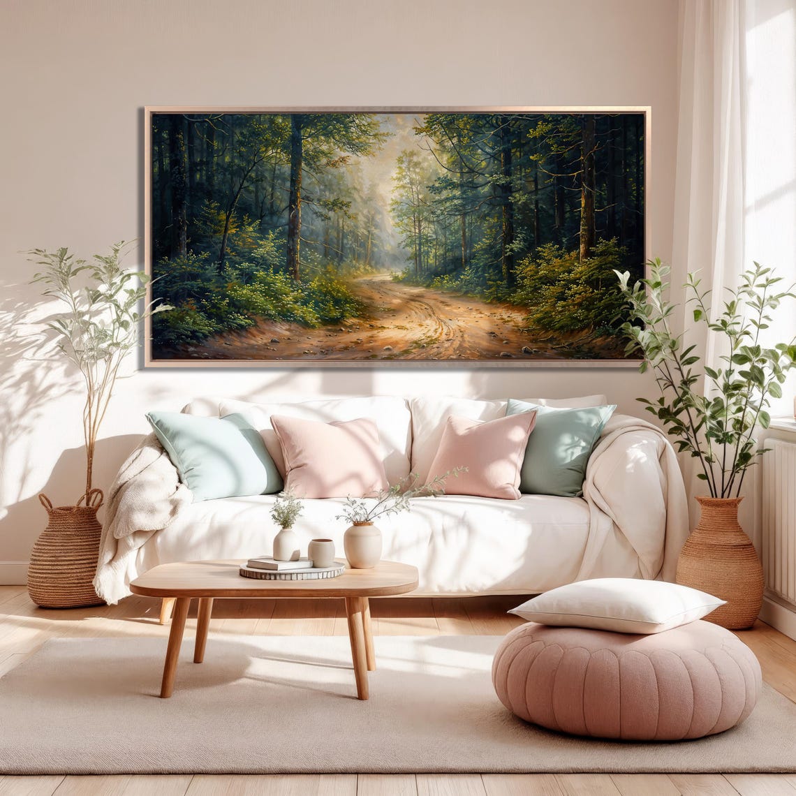 Sunlit Forest Path With Dirt Road Morning Mist Painting Poster - Image 3