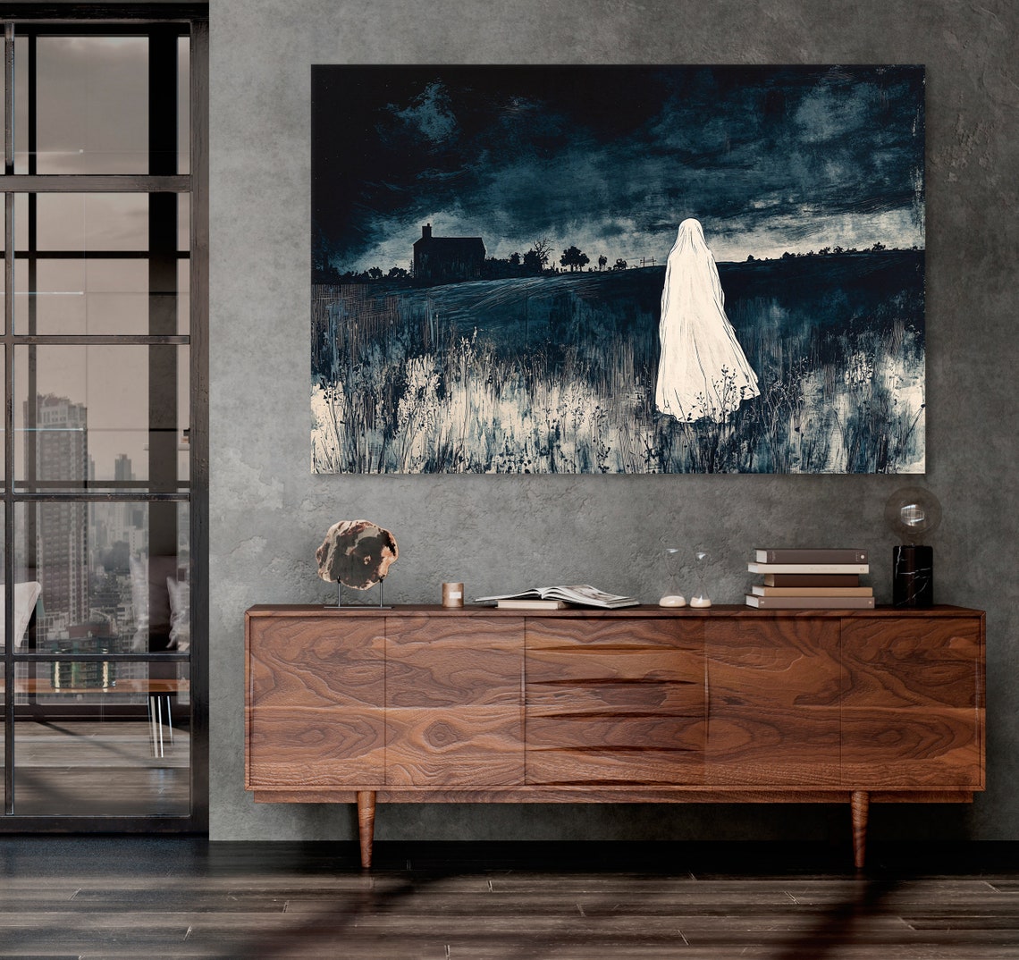 Ghost in White Sheet Dark Field Haunted Night Halloween Art Poster