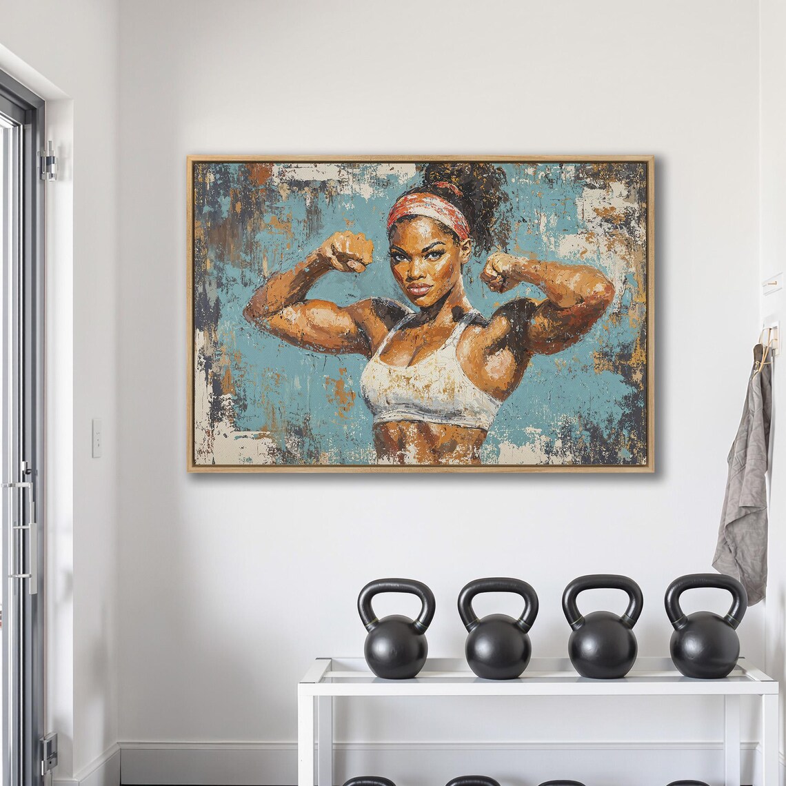 Muscular Black Woman Flexing Biceps Against Vibrant Teal Backdrop Poster - Image 2