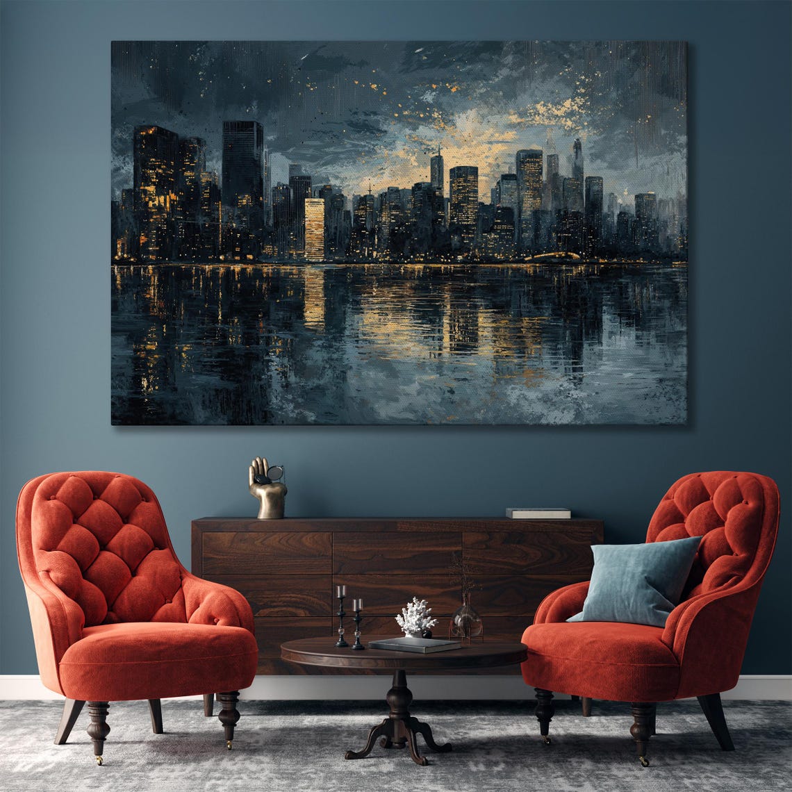 Night City Skyline with Glowing Lights Water Reflection Art Poster - Image 4