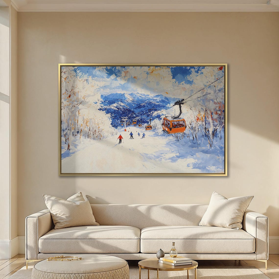 Orange Gondolas Over Ski Slope with Blue Mountains Impasto Poster - Image 2