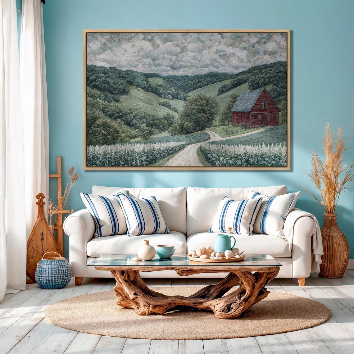 Red Barn On Country Road Among Rolling Green Hills Countryside Poster - Image 4