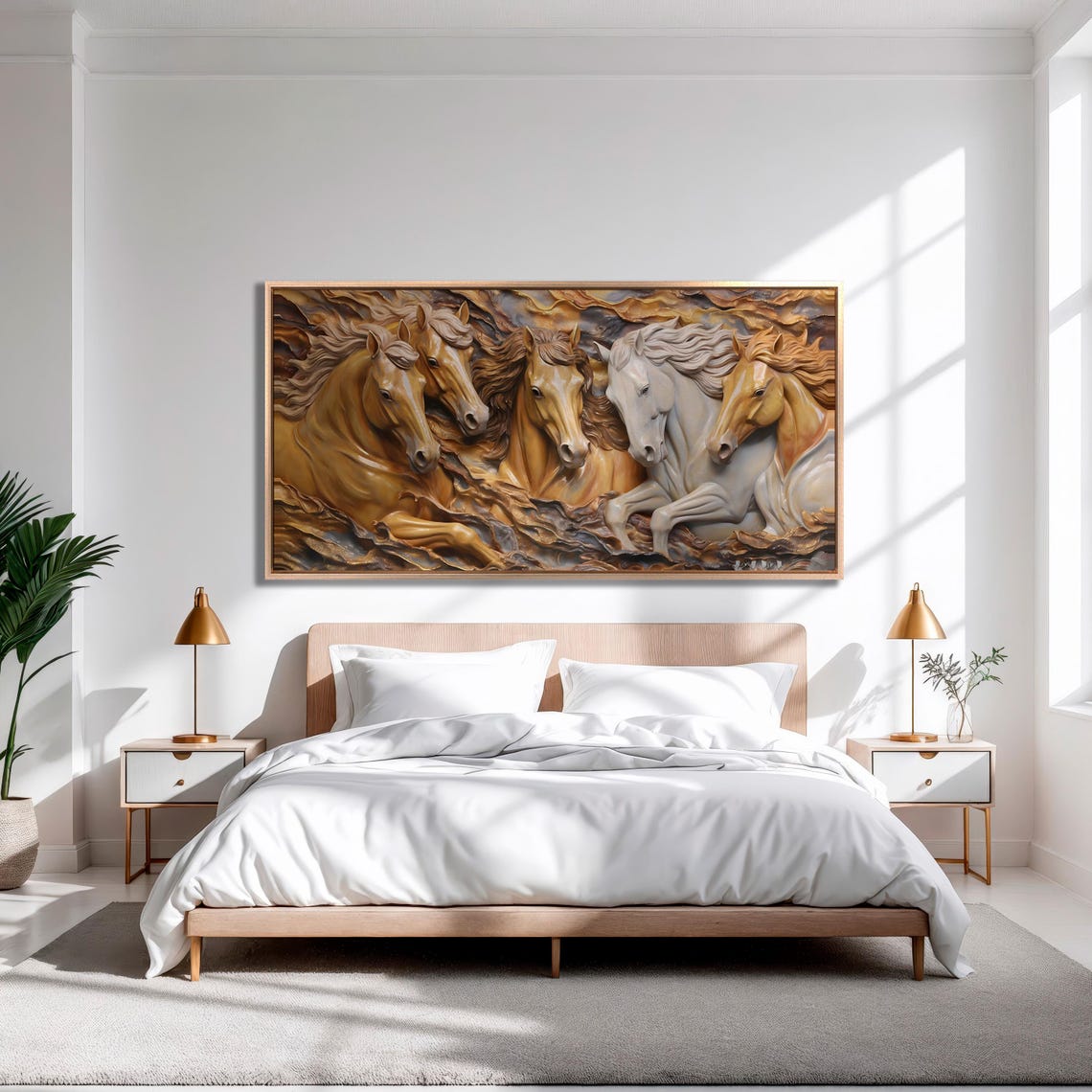 Five Running Horses 3D Sculpted Golden Relief Equestrian Wall Art - Image 2