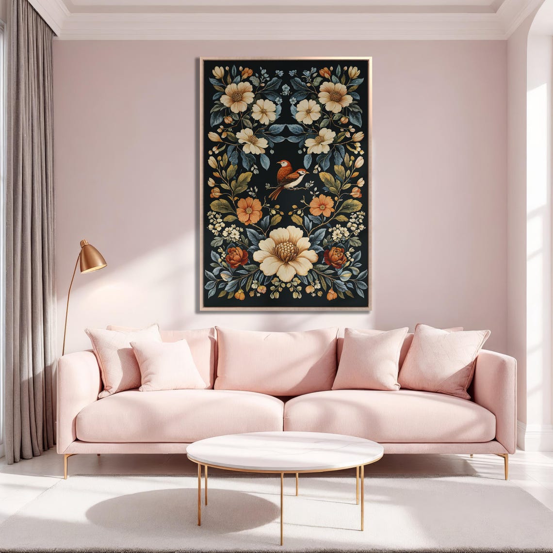 Symmetrical Floral Wreath with Bird on Black Vintage Botanical Poster - Image 5