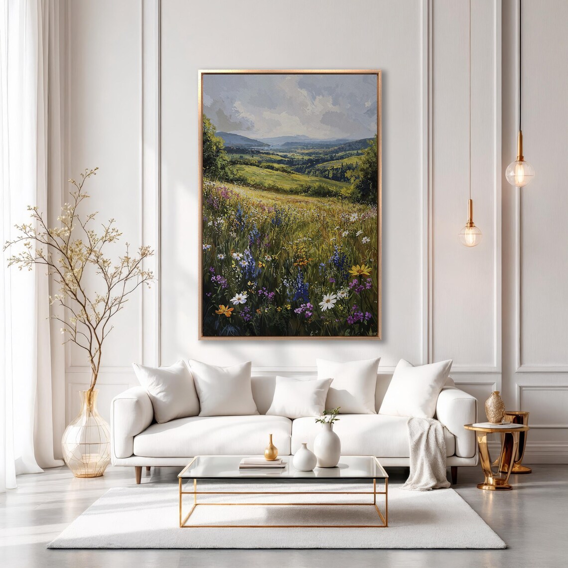 Sunlit Wildflower Meadow Overlooking a Green Valley Vista Poster - Image 6