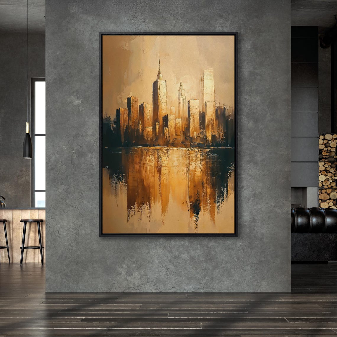 Golden City Skyline Reflection in Water Abstract Urban Art Poster - Image 3