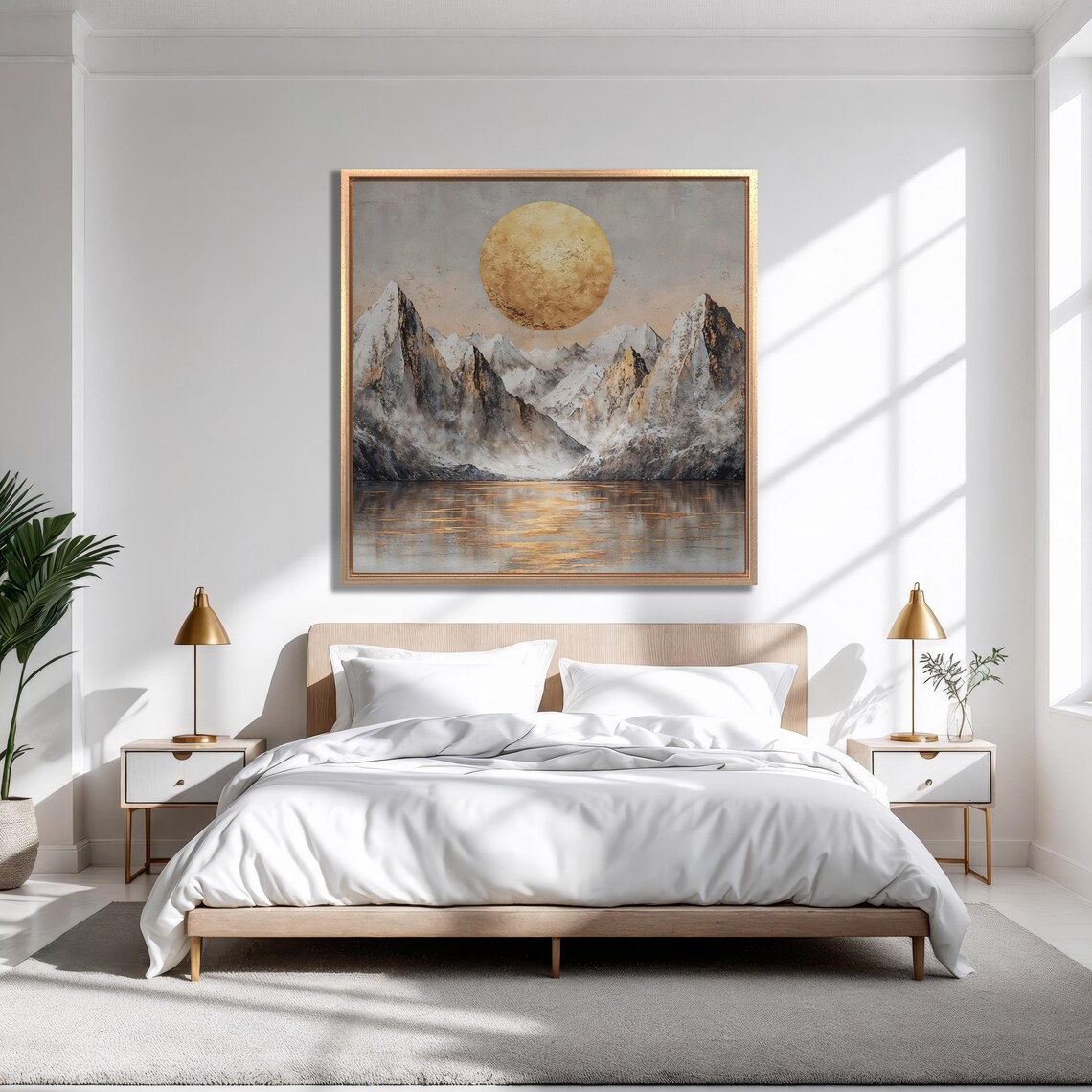 Snowy Mountain Peaks Under Golden Sun Lake Reflection Art Poster - Image 3