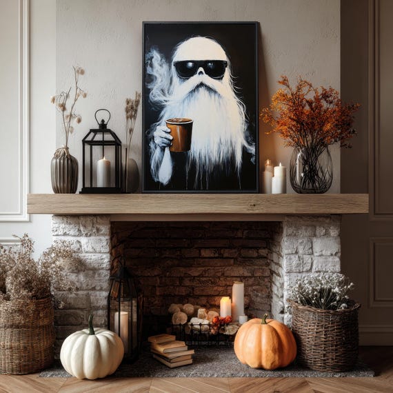 White Bearded Ghost In Sunglasses With Coffee Halloween Portrait Poster