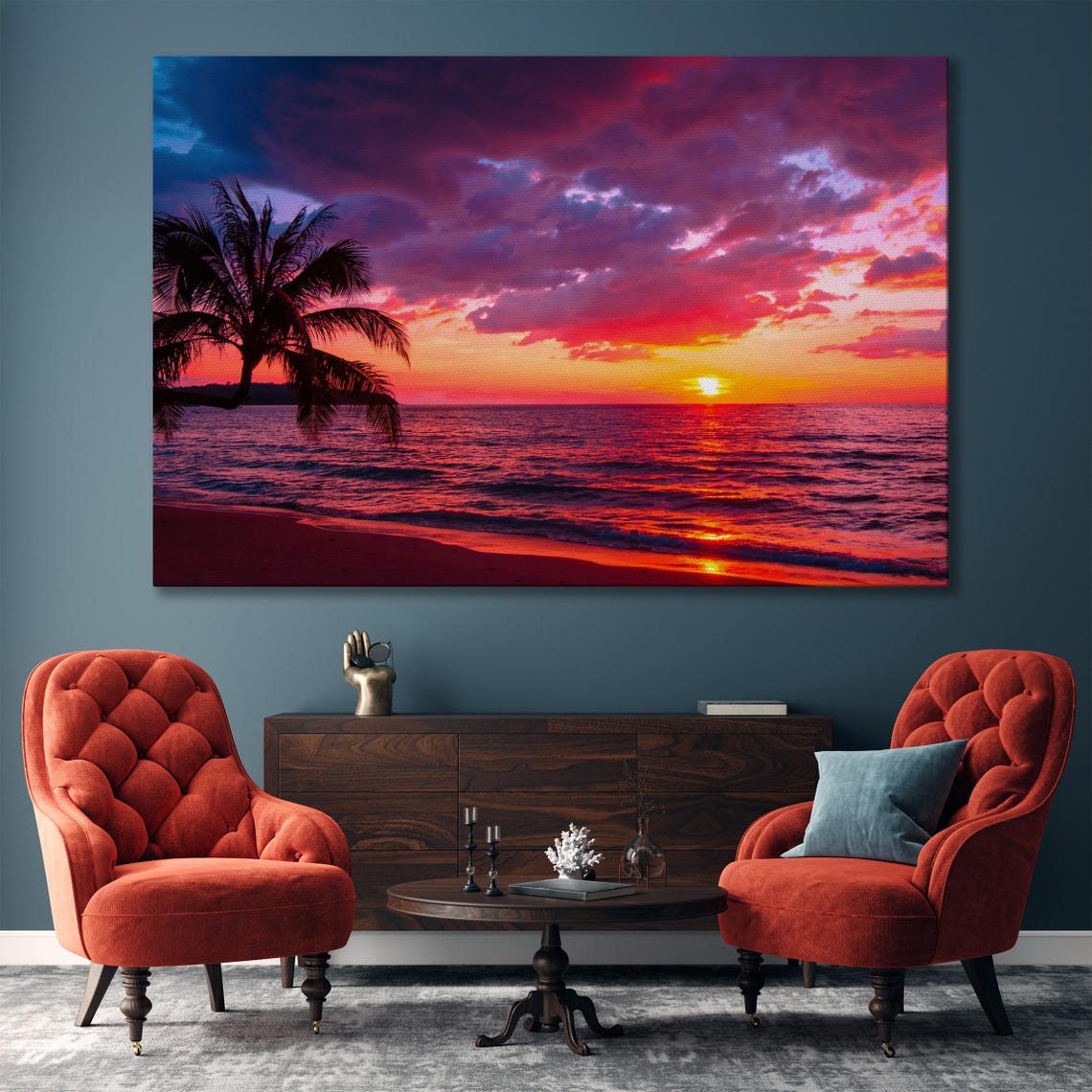 Tropical Beach Sunset Pink Clouds Palm Silhouette Ocean Poster - Image 4