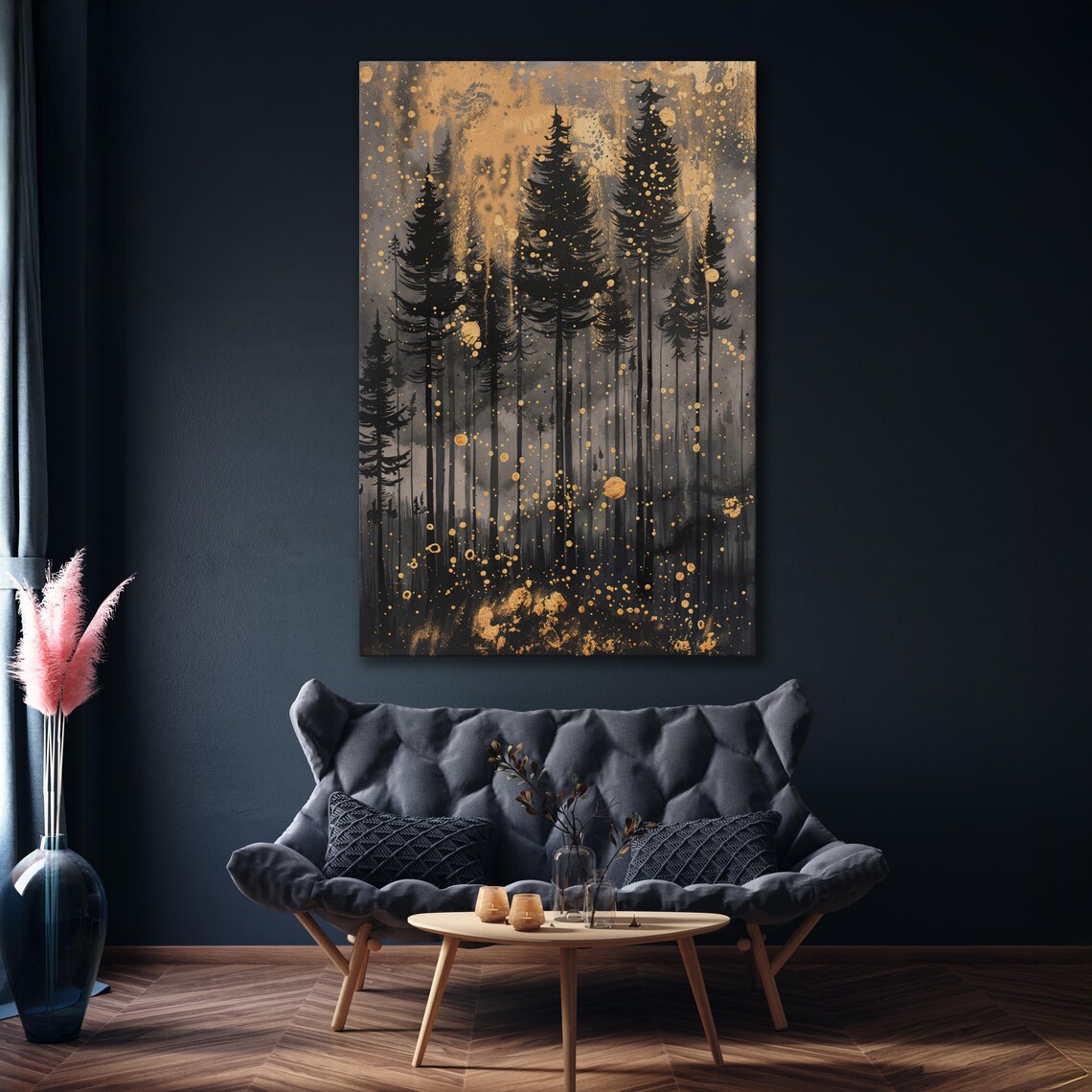Black Pine Forest Silhouette With Gold Splatter Painting Art Poster - Image 3