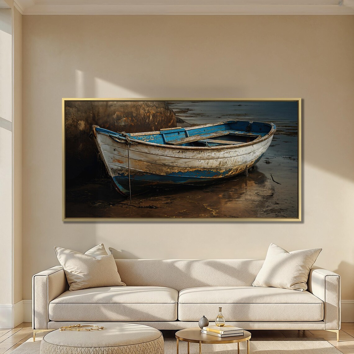 Weathered Blue Wooden Rowboat Moored At Low Tide Coastal Wall Art - Image 5