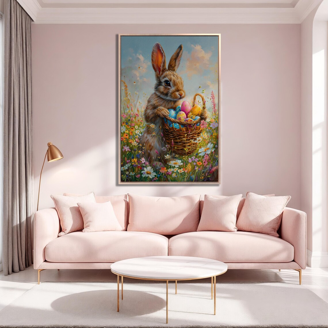 Bunny Holding Easter Egg Basket In Spring Meadow Painting Poster - Image 5