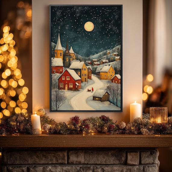 Charming Snowy Village Under Full Moon Starry Night Christmas Wall Art
