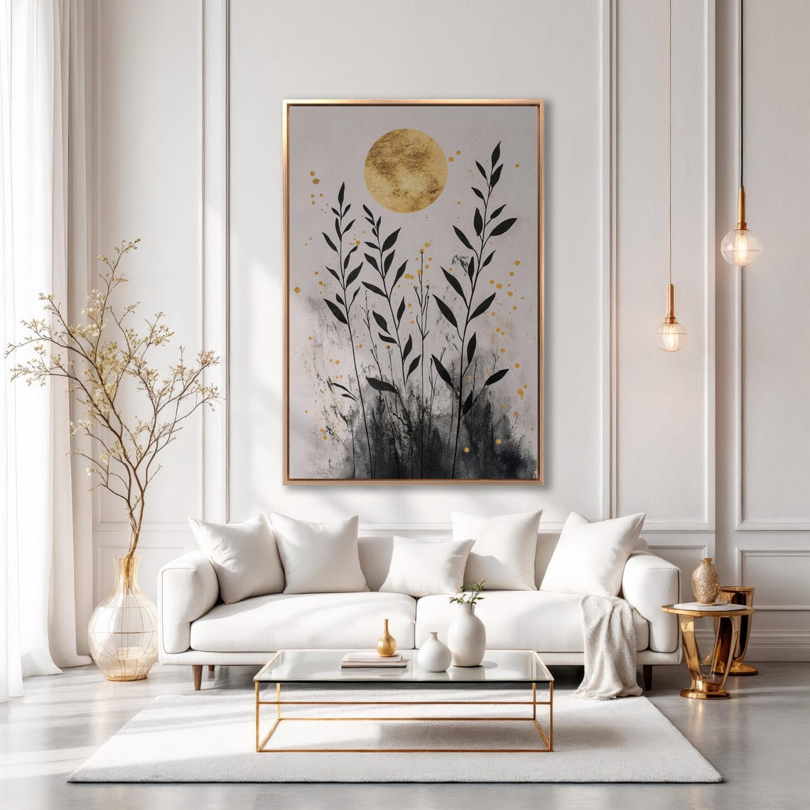 Minimalist Gold Moon With Tall Black Leafy Branches Art Print - Image 6