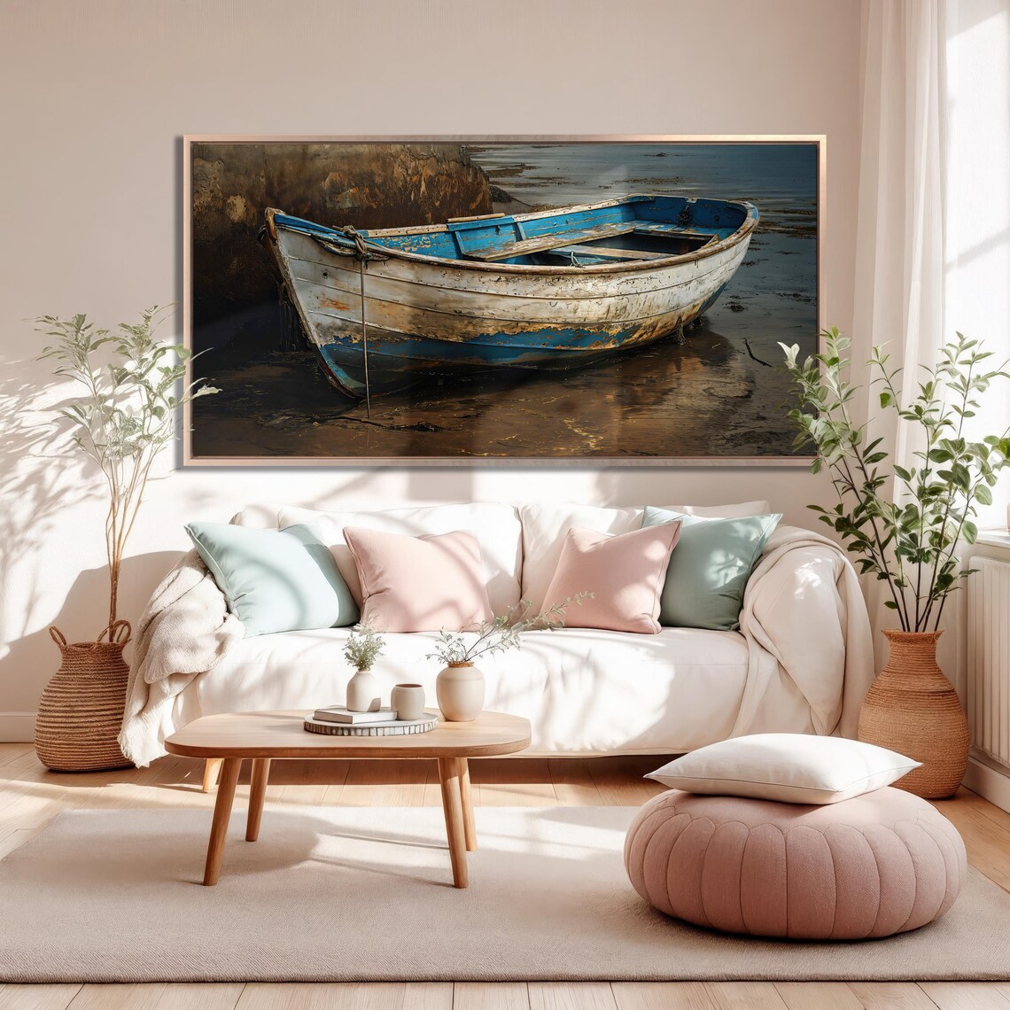 Weathered Blue Wooden Rowboat Moored At Low Tide Coastal Wall Art - Image 2