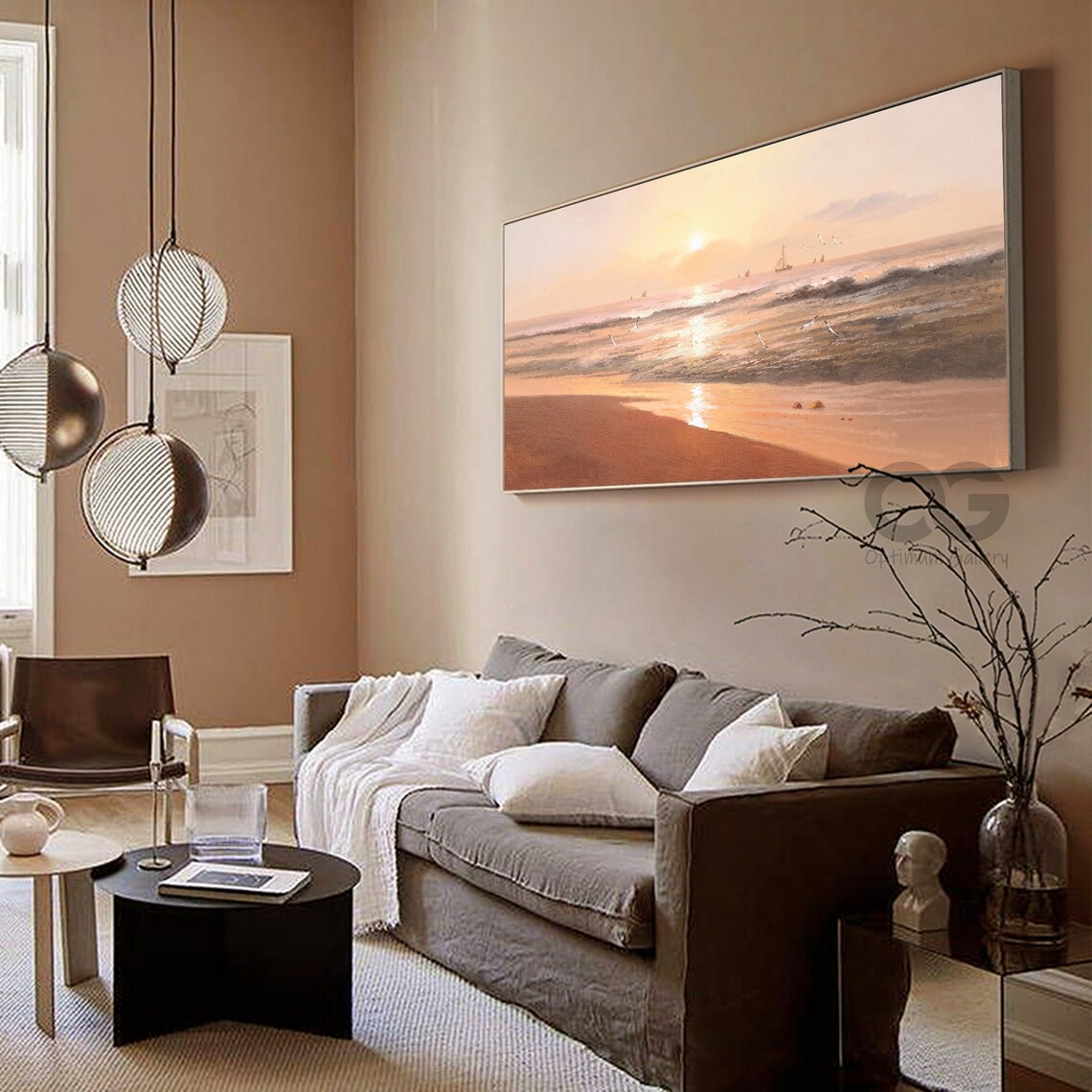 Sunset Beach Painting Golden Sun Seagulls Ships Panoramic Ocean Wall Art Poster - Image 4