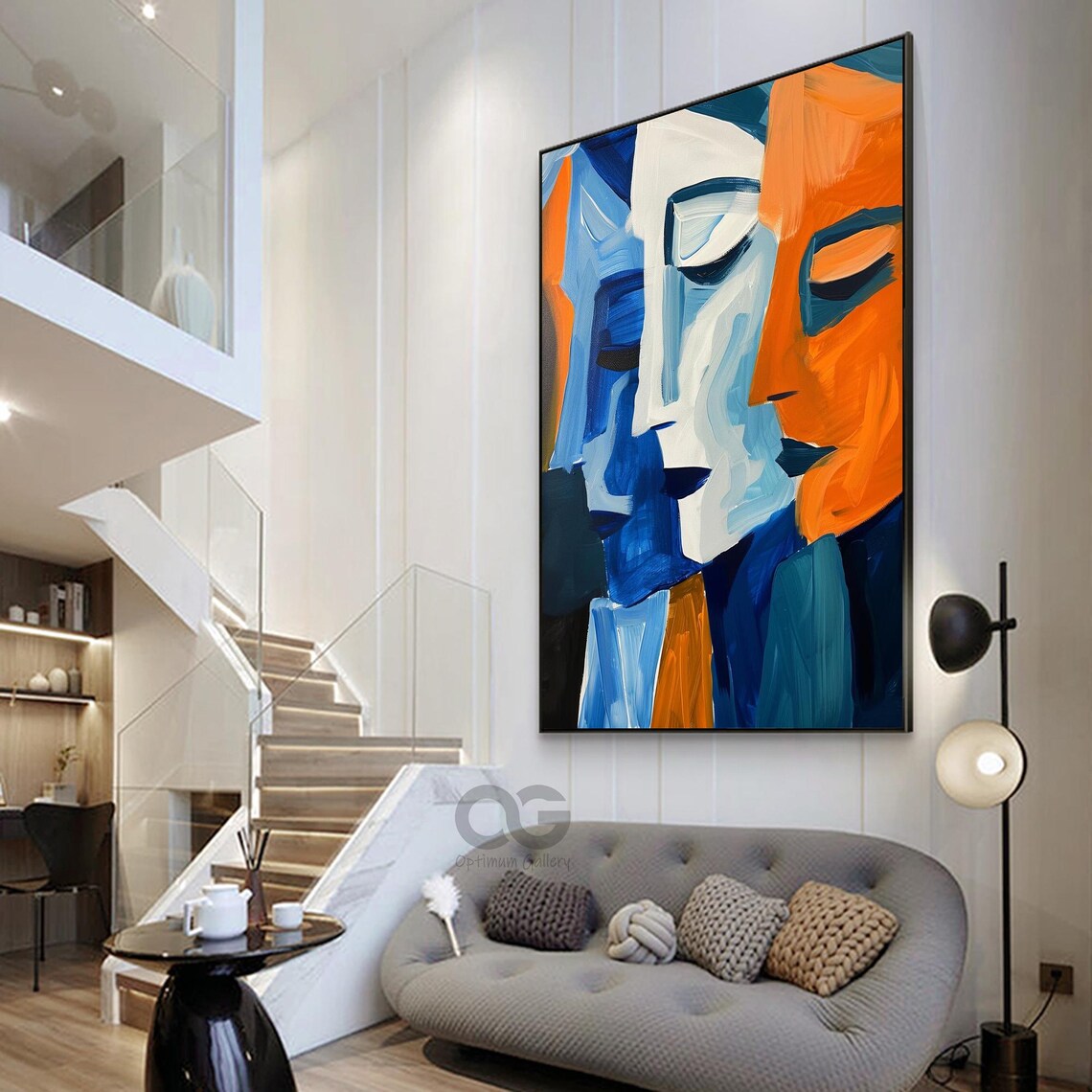 Dual Abstract Faces Blue White Orange Bold Brushstroke Cubist Art Poster - Image 3
