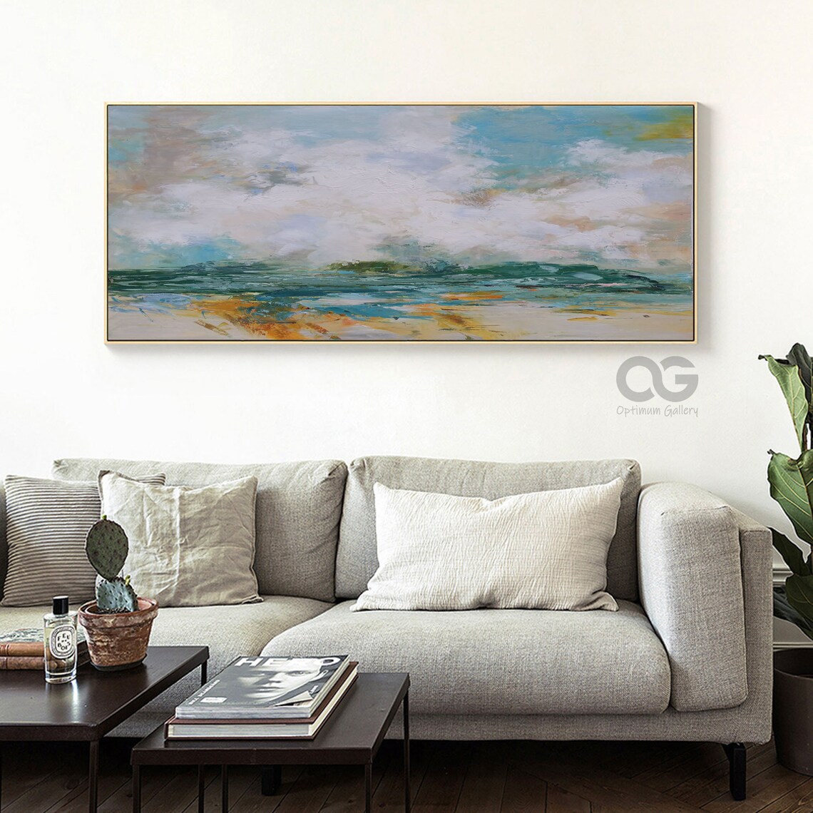 Teal Sea Abstract Painting White Clouds Golden Shore Textured Beach Wall Art - Image 3