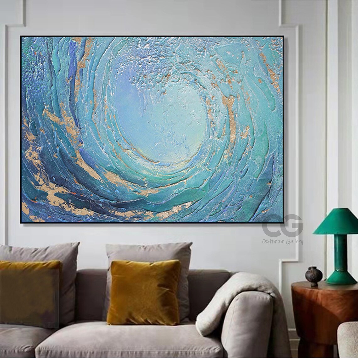 Blue Wave Abstract Ocean Art Print, Blue and Gold - Image 3