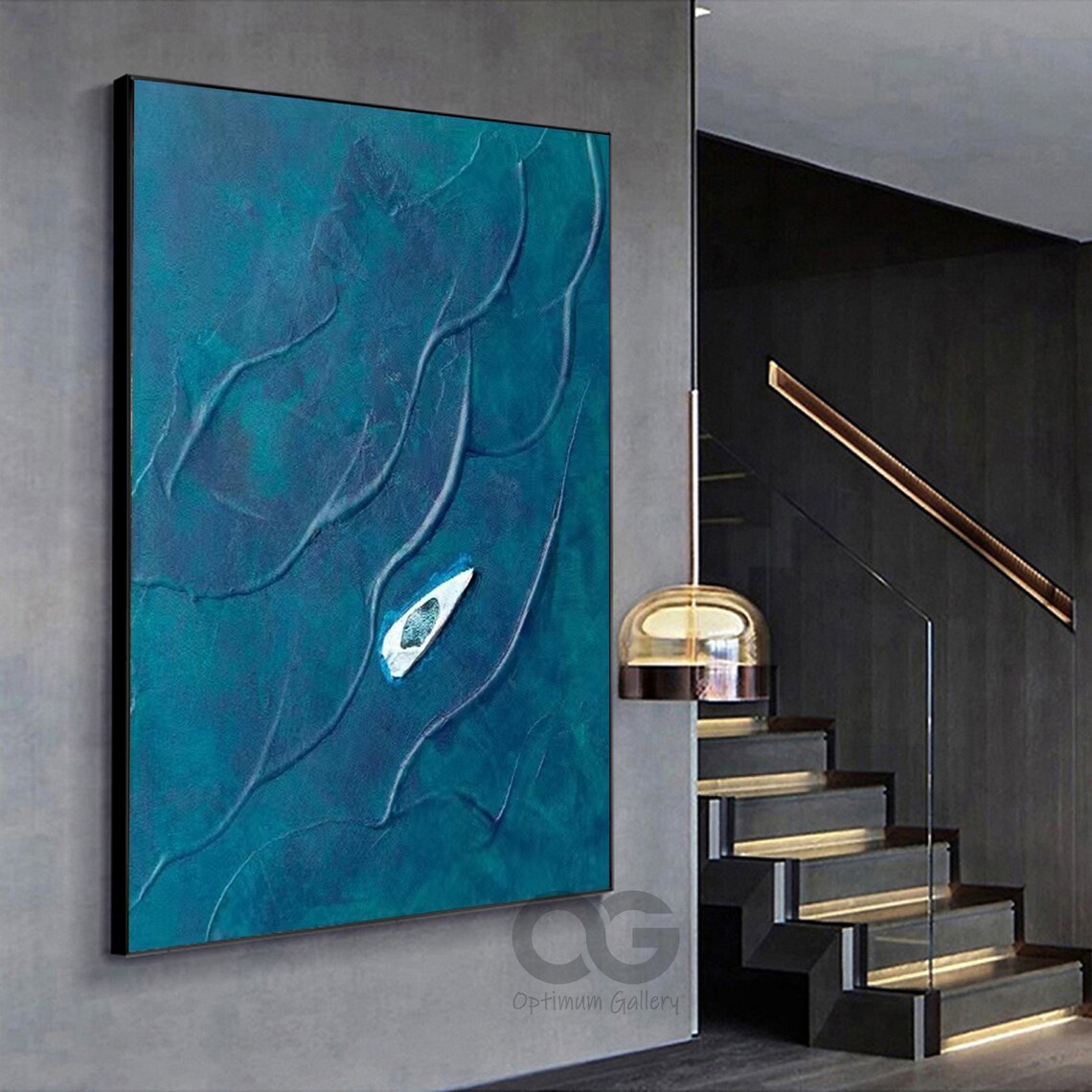 Turquoise Aerial Ocean White Canoe Abstract Minimalist Painting Wall Art - Image 5