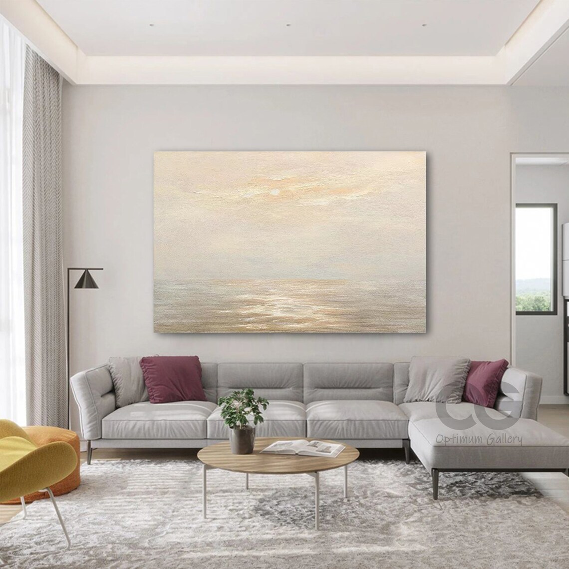 Soft Misty Sunrise Calm Sea Minimal Beige Abstract Ocean Painting Poster - Image 2