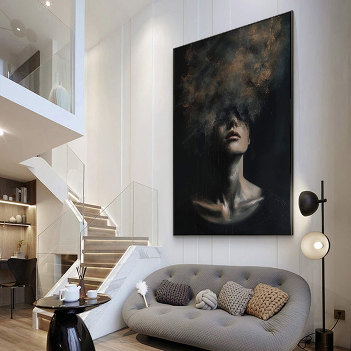 Dark Smoke Woman Portrait Ethereal Swirling Clouds Moody Black Wall Art Poster - Image 2