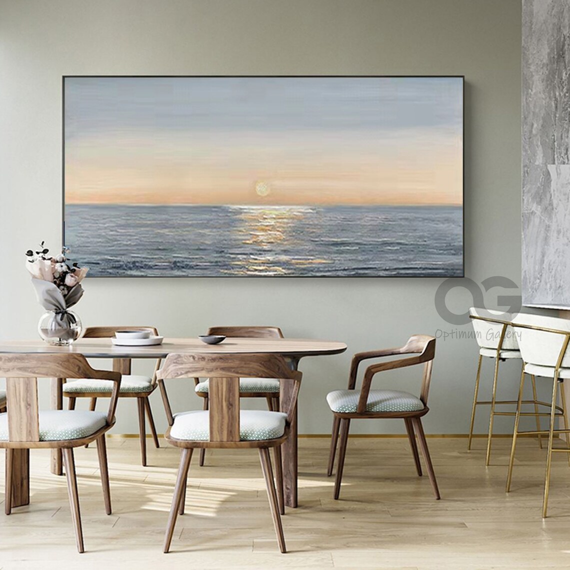 Ocean Sunset Painting Pale Sun Golden Water Reflection Panoramic Wall Art Poster - Image 4