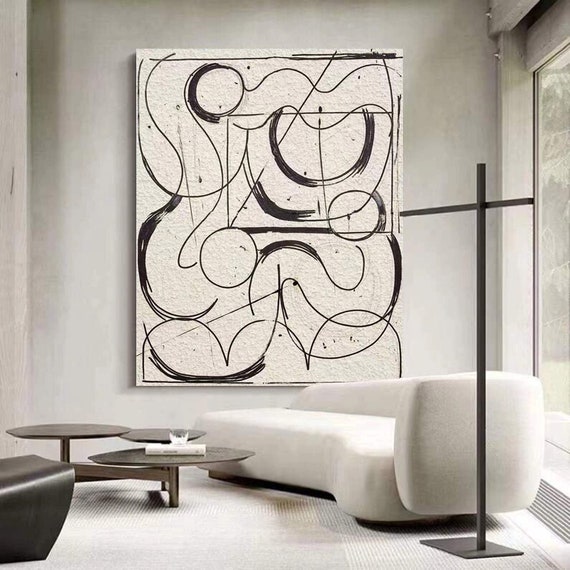 Large Black And Beige Textured Wall Art Black Abstract Line Painting On Beige Modern Minimalist Wall Art Contemporary Art Wall Decor