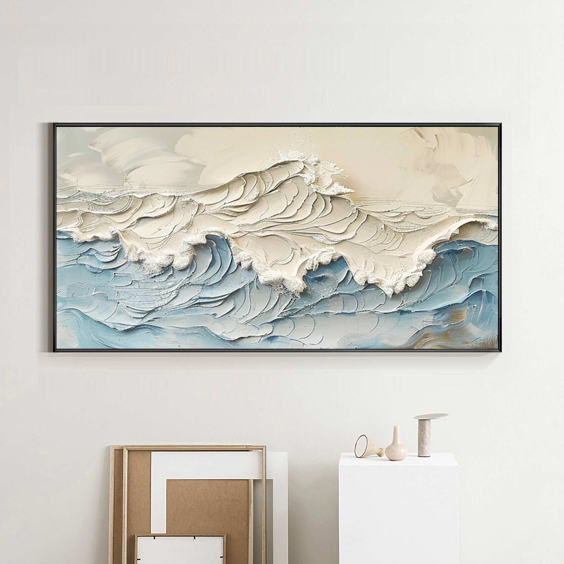 White Foam Blue Ocean Wave 3D Textured Painting Gold Framed Modern Wall Art - Image 3