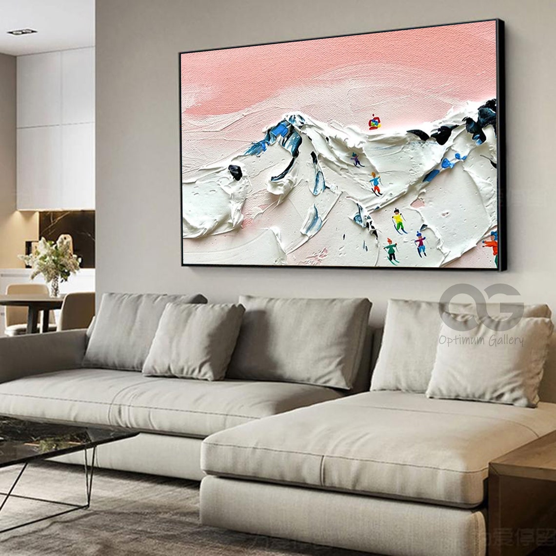 Pink Sky Snow Mountains Tiny Skiers Impasto Textured Winter Poster - Image 3