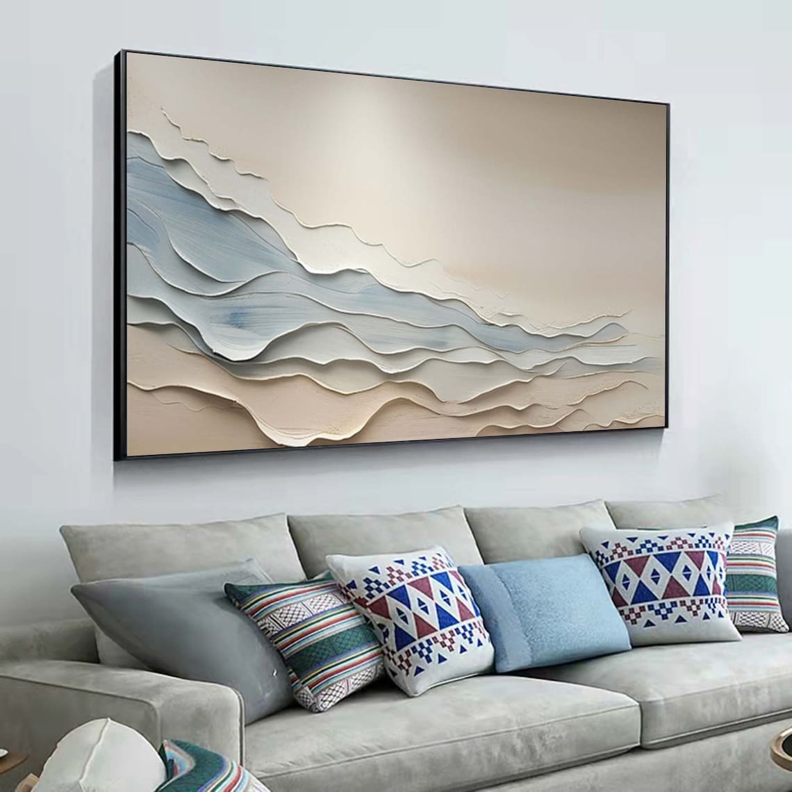 Beige Sand Blue Layered Waves Textured Wabi Sabi Minimalist Modern Wall Art - Image 4