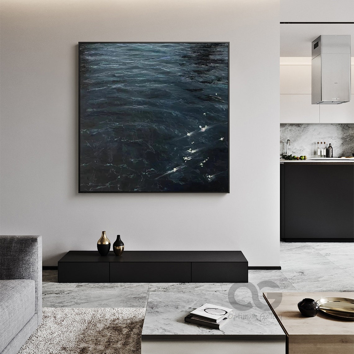 Deep Dark Blue Ocean Abstract Modern Painting Square Large Wall Art - Image 2