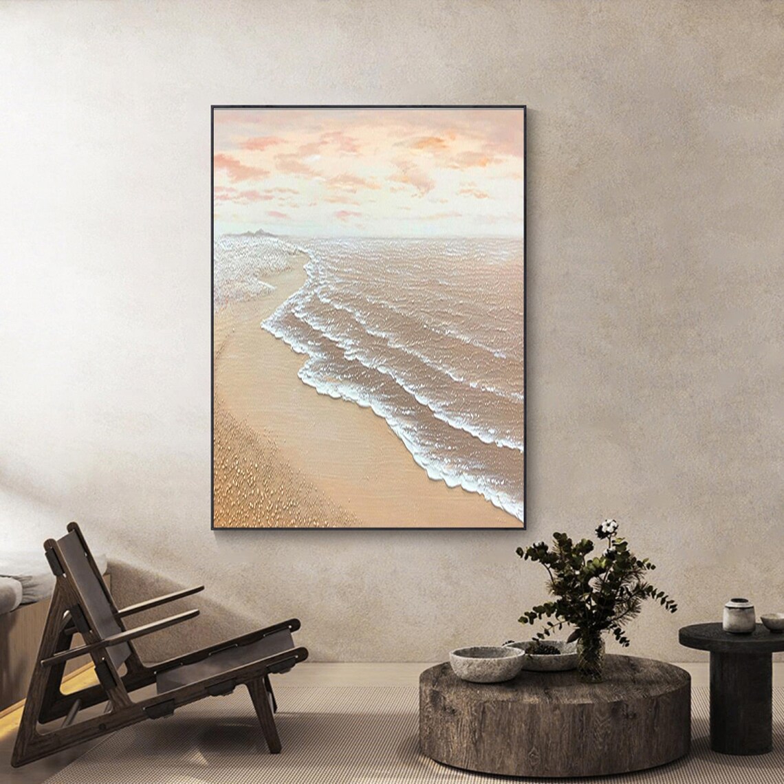 Sunrise Pink Sky White Foam Waves Golden Sand Beach Coastal Scene Poster - Image 2