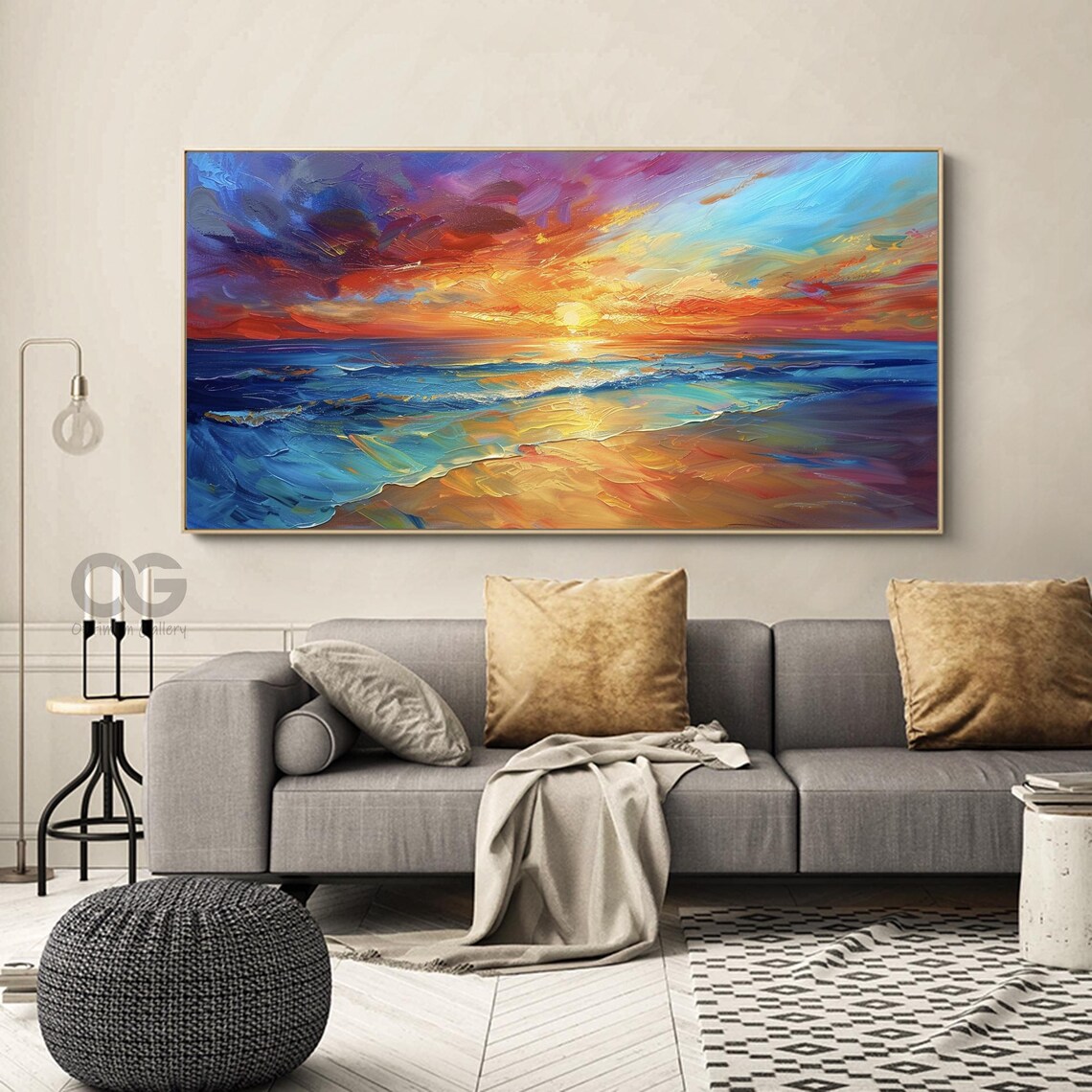 Vibrant Ocean Sunset Palette Knife Colorful Beach Waves Painting Poster - Image 3